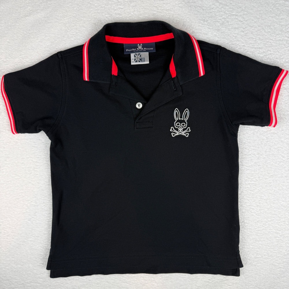 Psycho‎ Bunny Polo Shirt Boys XS 5/6 Black Pique Skull Crossbones Preppy Edgy